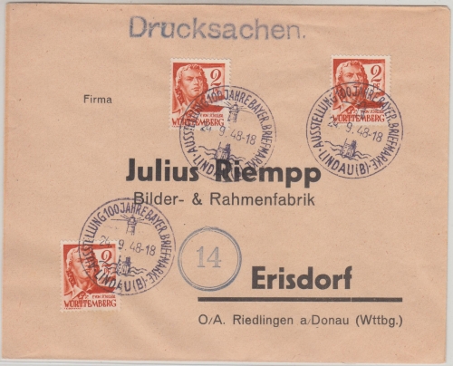 FZ/Württemberg - 3x2 Pfg. 2.Ausg. Drucksache SST Lindau - Erisdorf 24.9.48