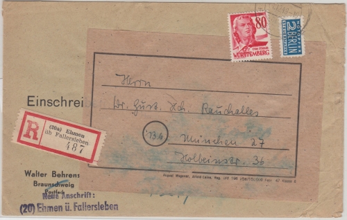 FZ/Württemberg - 80 Pfg. 3.Ausg. Ehmen ü. Fallersleben Einschreibebrief 1949