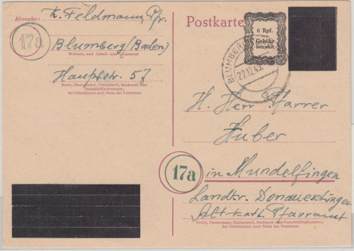 FZ/Baden - OPD Freiburg 6/6 Pfg. Aufbrauchs-Ganzsache Blumberg 22.12.45