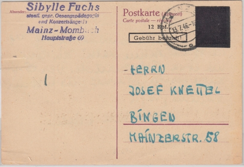 FZ - OPD Neustadt 12/15 Pfg. Aufbrauchs-Ganzsache Mainz - Bingen 13.7.4622.12.45