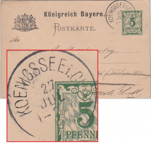 Bayern - Koenigssee i. Obb. 1891 Postablage-K1 Ganzsache n. Jena Weiterleitung