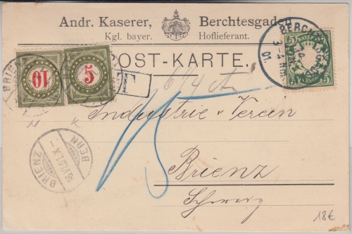 Bayern - 5 Pfg. Wappen Firmenkarte i.d. SCHWEIZ Berchtesgaden - Brienz 1901