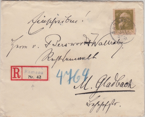 Bayern - 30 Pfg. Luitpold Einschreibebrief Ramsau - M.-Galdbach 1911
