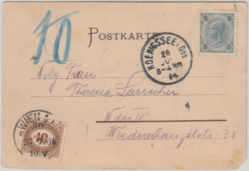 Bayern - Königsee 1904 AK Berchtesgaden n. Wien - 10 H. österr. Nachporto