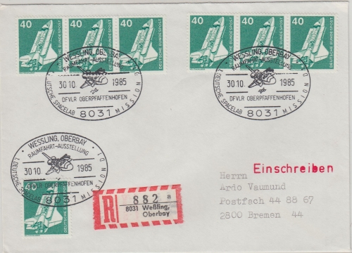 BRD - 7x40 Pfg. I&T/Spaceshuttle Einschreibebrief SST Wessling Spacelab 1985