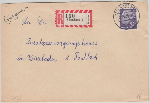 BRD - 70 Pfg. Heuss II Einschreibebrief Gauting - Wiesbaden 1959