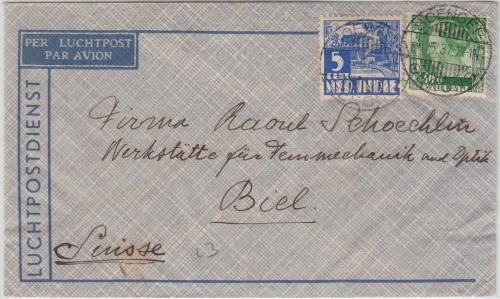 Niederl. Indien - 40 C. Wilhelmina u.a. Luftpostbrief i.d. SCHWEIZ Soengei 1937