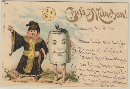 Bayern - München Münchner Kindl Bierkrug farb. Grußlitho gelaufen 1896