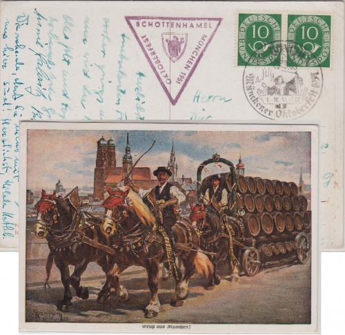 BRD - München Oktoberfest 1951 SST AK Brauereigespann n. ÖSTERREICH