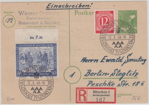 All.Bes./Kontrollrat - München 2. Int Jugendkundgebung SST Einschreibekarte 1948