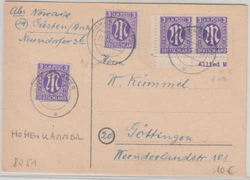 AM-Post - 4x3 Pfg. amerik. Druck "Rucksack"-Karte Hohenkammer Göttingen 21.3.46