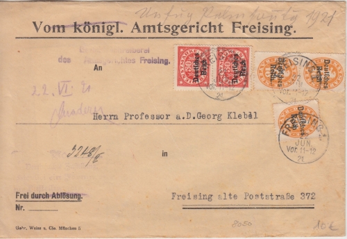DR-Infla - 2x50 Pfg. By-Abschied/DR u.a. Zustellurkunde Ortsbrief Freising 1921