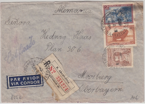Argentinien/DR - Luftpost-Einschreibebrief Buenos Aires - Moosburg 1936