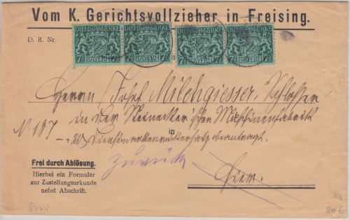 Bayern - 4x7 1/2 Pfg. Staatswappen Orts-Zustellurkunde Freising 1919 Retour