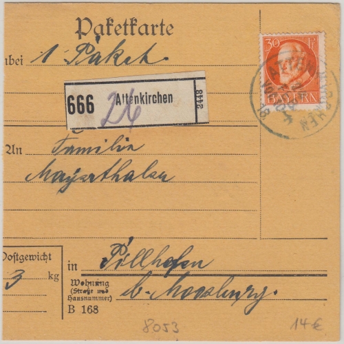 Bayern - 30 Pfg. Ludwig Paketkarte Attenkirchen - Pillhofen b. Moosburg 1918