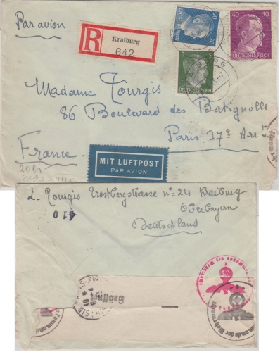 DR - Kraiburg 11.4.43 Luftpost-Einschreibebrief n. Frankreich Fremdarbeiter