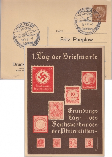 DR - 1. Tag der Briefmarke 3 Pfg. Privatganzsache Handwerbestpl. Ohlstadt 1936