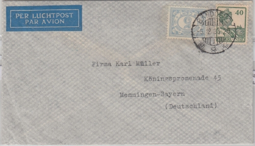 Niederl. Indien - 40 C. Wilhelmina u.a. Luftpostbrief Banddoeng - Memmingen 1933