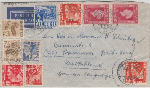 Niederl. Indien - 2x17 1/2 C. Wilhelmina ua. Luftpostbrief Batavia Hannover 1949