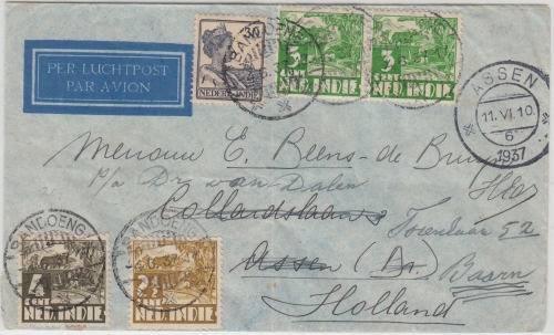 Niederl. Indien - 30 C. Wilhelmina u.a. Luftpostbrief Bandoeng - Assen 1937