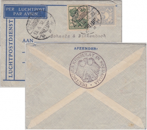 Niederl. Indien - 40 C. Wilhelmina u.a. Luftpostbrief Soerabaja Düsseldorf 1932
