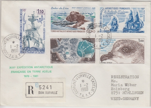 TAAF - 1,90 Fr. Segelschiffe u.a. Einschreibebrief Dumont d'Urville 1980