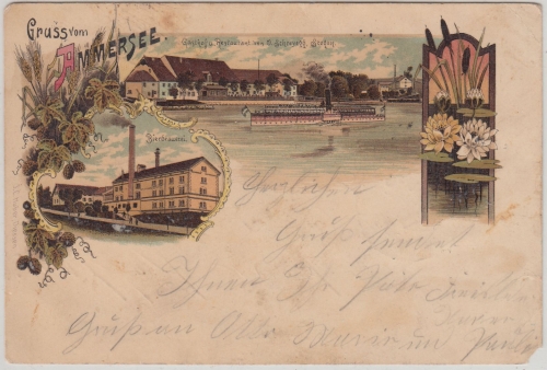 Bayern - Stegen a. Ammersee Bierbrauerei etc. Mehrbild-Farblitho gelaufen 1902