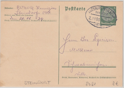 DR - Augsburg Weilheim Bahnpost Z.1180 Ganzsache Steindorf - Schwabmünchen 1934