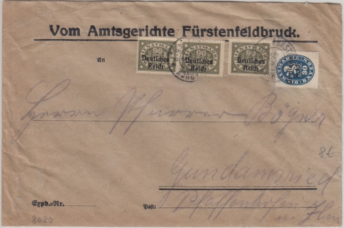 DR-Infla - 3x90+30 Pfg. By-Abschied/DR Dienstbrief Fürstenfeldbruck 1922