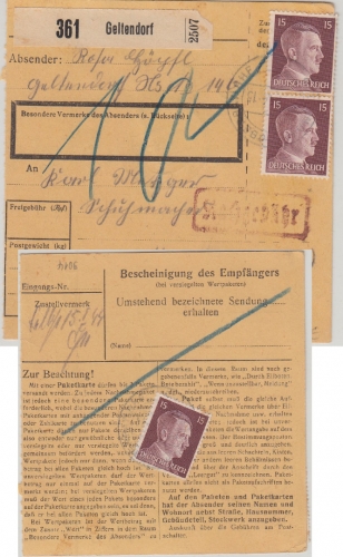 DR - 3x15 Pfg. AH Paketkarte Geltendorf - Weitnau 1944 Nachporto