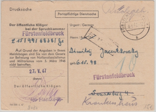 All.Bes. - Fürstenfeldbruck 6.6.47 Ortskarte Spruchkammer Entnazifizierung