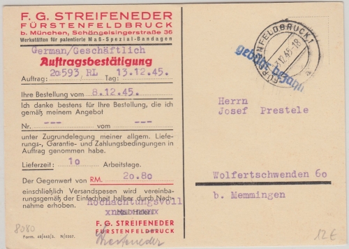 All.Bes. - Fürstenfeldbruck 13.12.45 L1 gebühr bezahlt Karte n. Wolfertschwenden