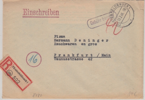 All.Bes. - Fürstenfeldbruck 13.2.46 Ra1 Gebühr bezahlt Einschreibebrief n. FFM