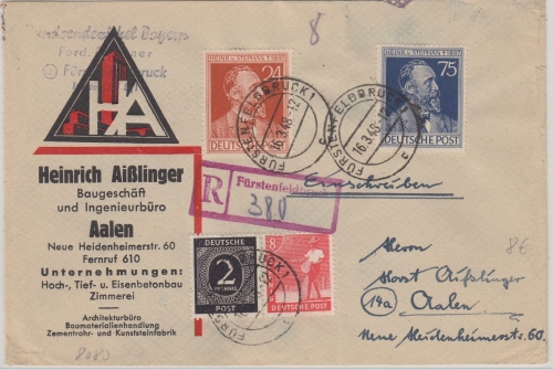 All.Bes./Kontrollrat - 75 Pfg. Stephan ua Einschreibebrief Fürstenfeldbruck 1948