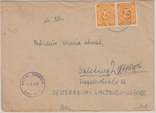 All.Bes./Kontrollrat - 2x25 Pfg. Ziffer Brief n ÖSTERREICH Fürstenfeldbruck 1947