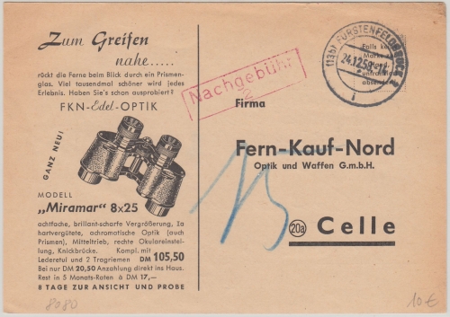 BRD - Fürstenfeldbruck 1958 illustr. Firmenkarte n. Celle - Nachporto
