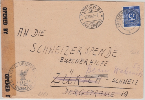 All.Bes./Kontrollrat - 75 Pfg. Ziffer brief i.d. SCHWEIZ Fürstenfeldbruck 1946