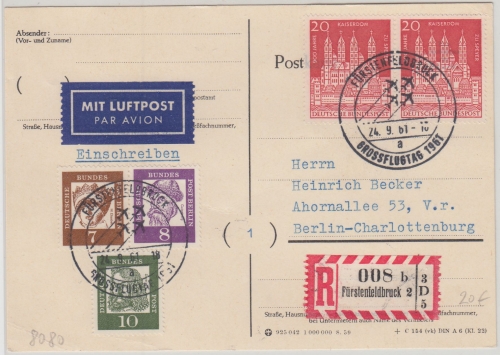 BRD - Fürstenfeldbruck Grossflugtag 1961 SST Lupo-Einschreibekarte n. Berlin