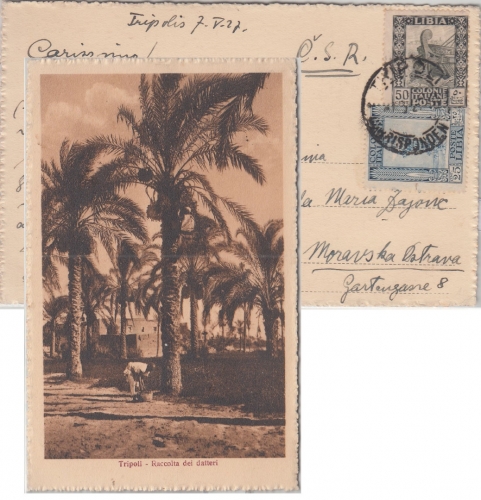 Ital. Libyen - 50+25 C. Freimarke Karte n. TSCHECHIEN Tripolis Mähr. Ostrau 1927