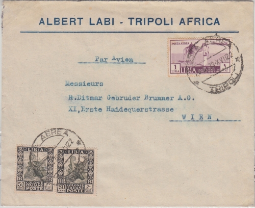 Ital. Libyen - 1 L.+2x50 C. Freimarken Luftpostbrief n. ÖSTERREICH Tropolis 1939