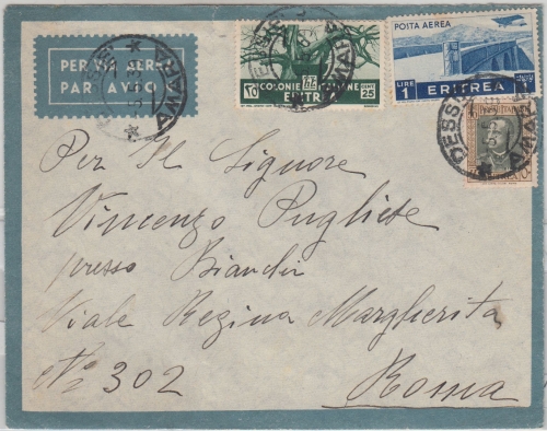 Ital. Eritrea - 1 L.. Flugpostmarke u.a. Luftpostbrief Dessie - Rom 1939
