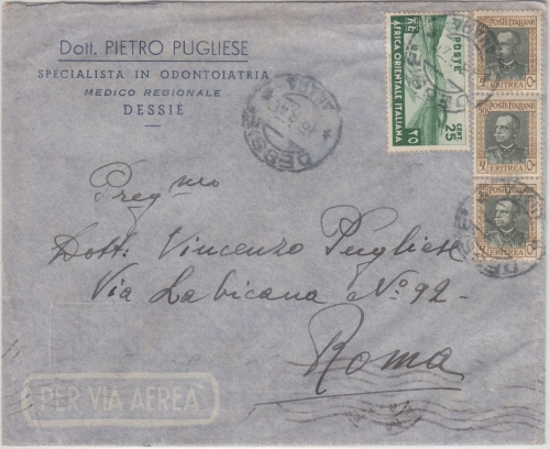 Ital. Eritrea - 3x50 C. Freimarke u.a. Luftpostbrief Dessie - Rom 1940