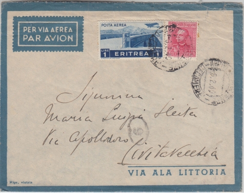 Ital. Eritrea - 1 L. Flugpostmarke u.a. Luftpostbrief n. Civitaveccia 1940