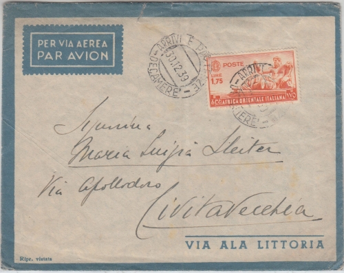Ital. Ostafrika - 1,75 L. Flugpostmarke Luftpostbrief n. Civitavecchia 1939