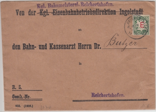 Bayern - 5 Pfg. Wappen/E Orts-Dienstbrief Bahnmeisterei Reichertshofen 1911