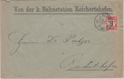 Bayern - 10 Pfg. Wappen/E Orts-Dienstbrief Bahnstation Reichertshofen 1910