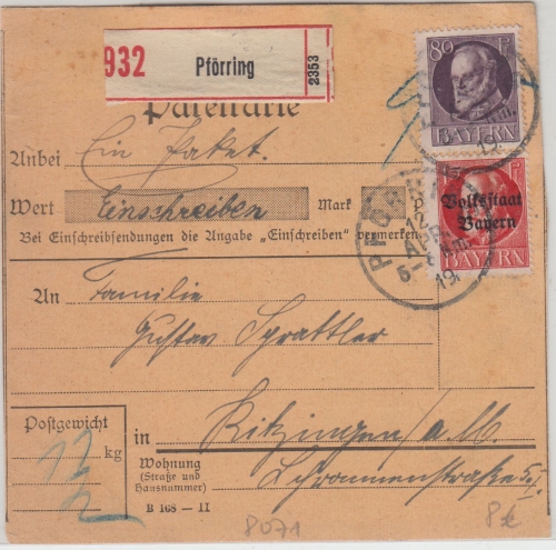 Bayern - 80 Pfg. Ludwig u.a. Einschreibe-Paketkarte Pförring - Kitzingen 1919