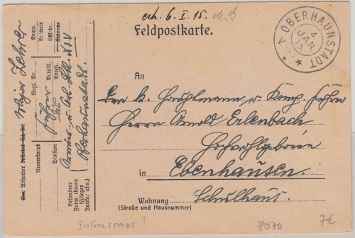 Bayern - Oberhaunstadt 4. JAN 15 K2 Feldpostkarte n. Ebenhausen