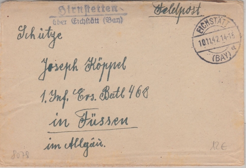 DR - Hirnstetten ü. Eichstätt Landpost-L2 Feldpostbrief n. Füssen 1942