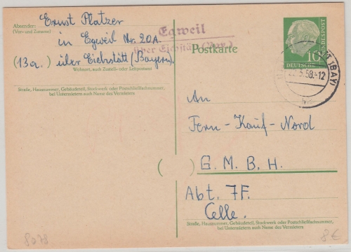 BRD - Egweil ü. Eichstätt Landpost-L2 Ganzsache n. Celle 1958